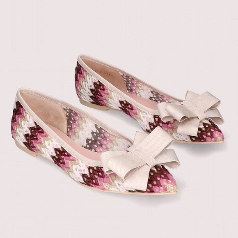 Pretty Ballerinas Pink Multicolor Woven Pointed Flats with Bow